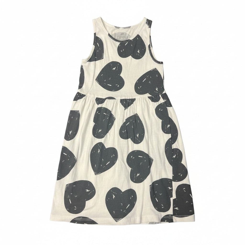 Vestido H&M Crudo Estampado Corazones Negros 5-6 años - NÜVA